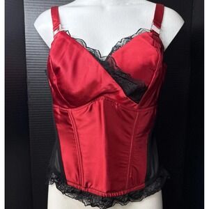 Cacique Corset Bustier Satin Lace Up Lingerie Top Red Black Size 22 24 READ
